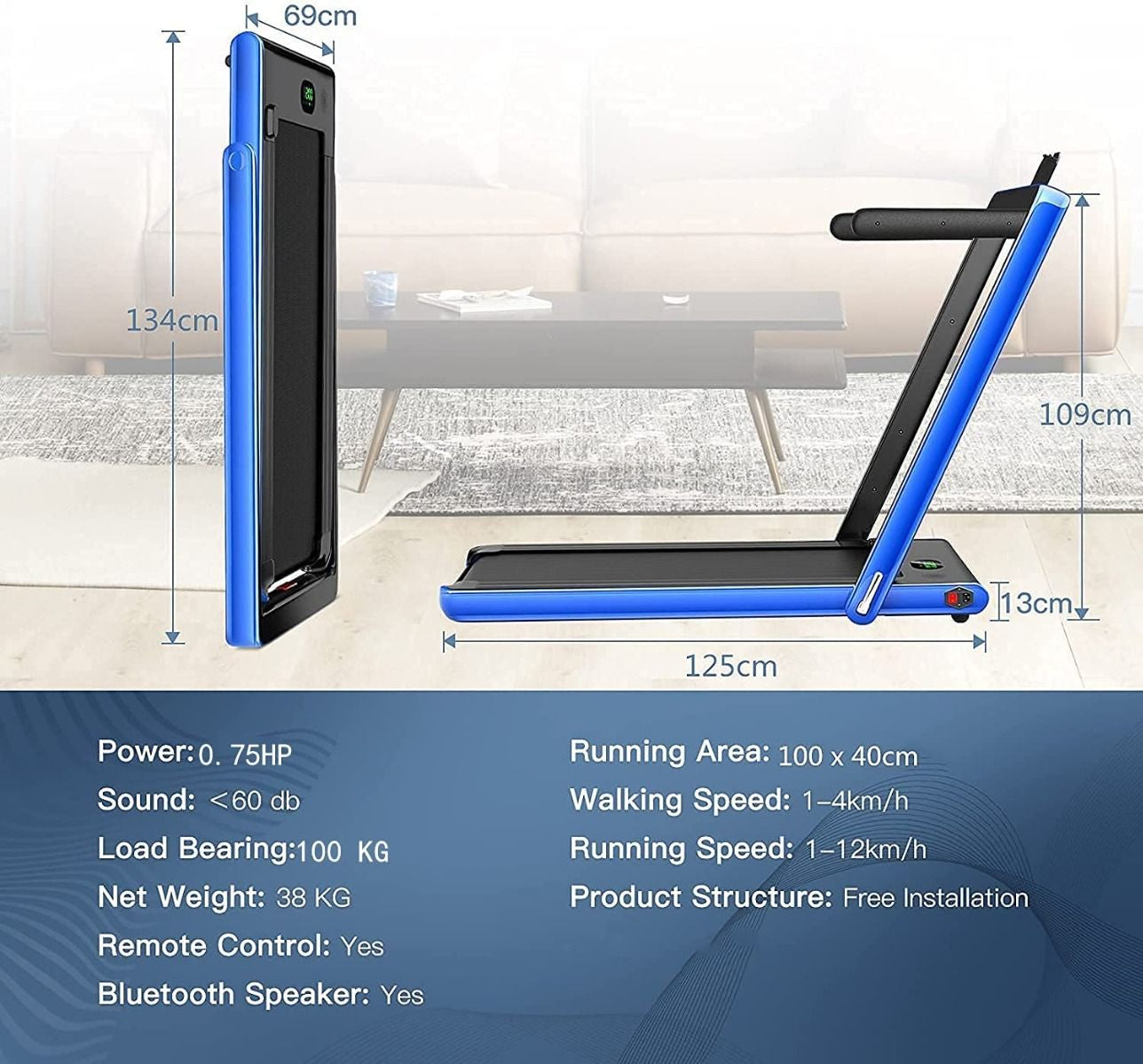 1-12Kph Folding Electric Treadmill with Bluetooth Capability