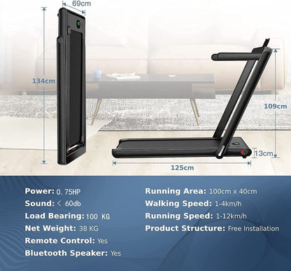 1-12Kph Folding Electric Treadmill with Bluetooth Capability
