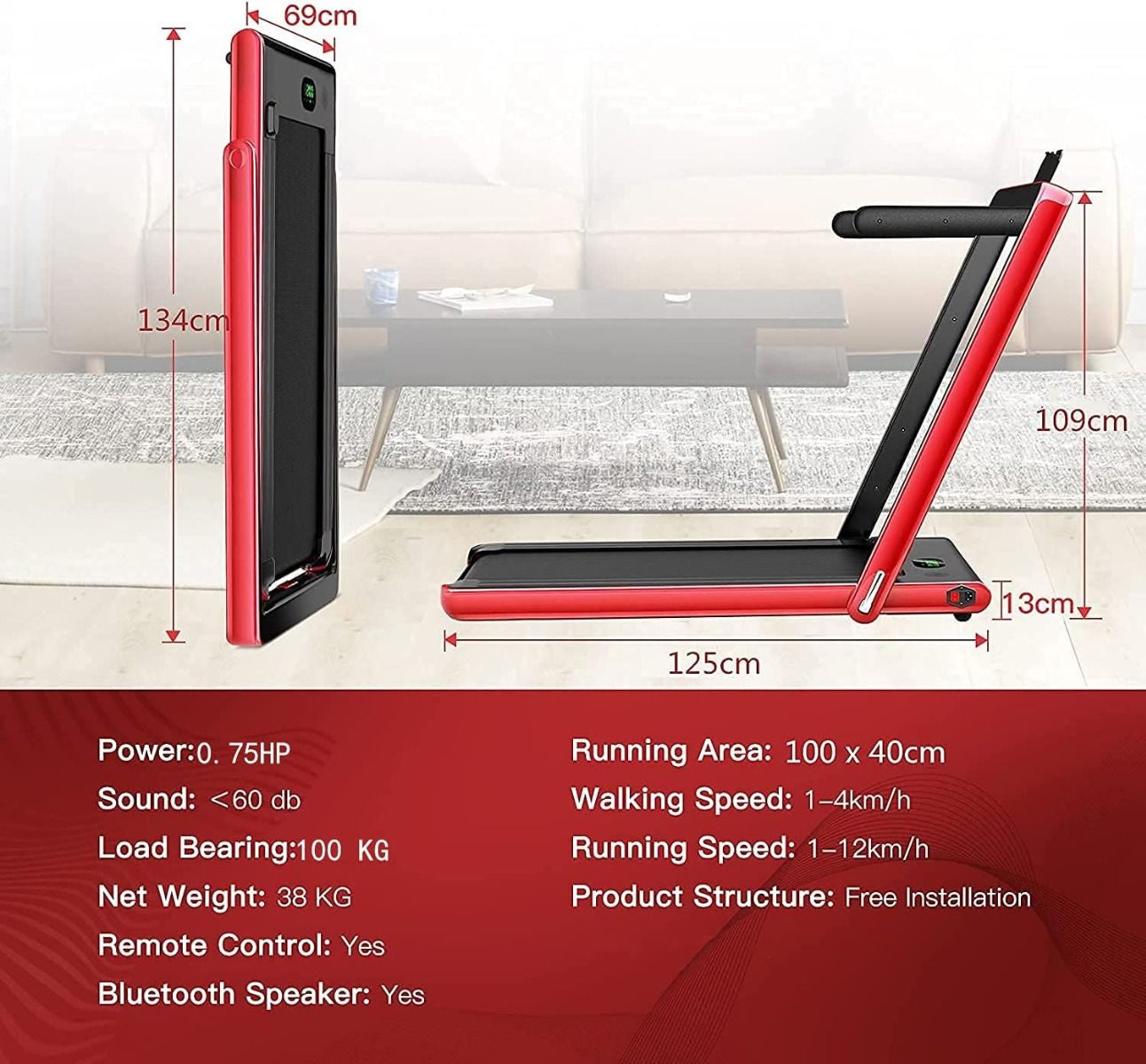 1-12Kph Folding Electric Treadmill with Bluetooth Capability